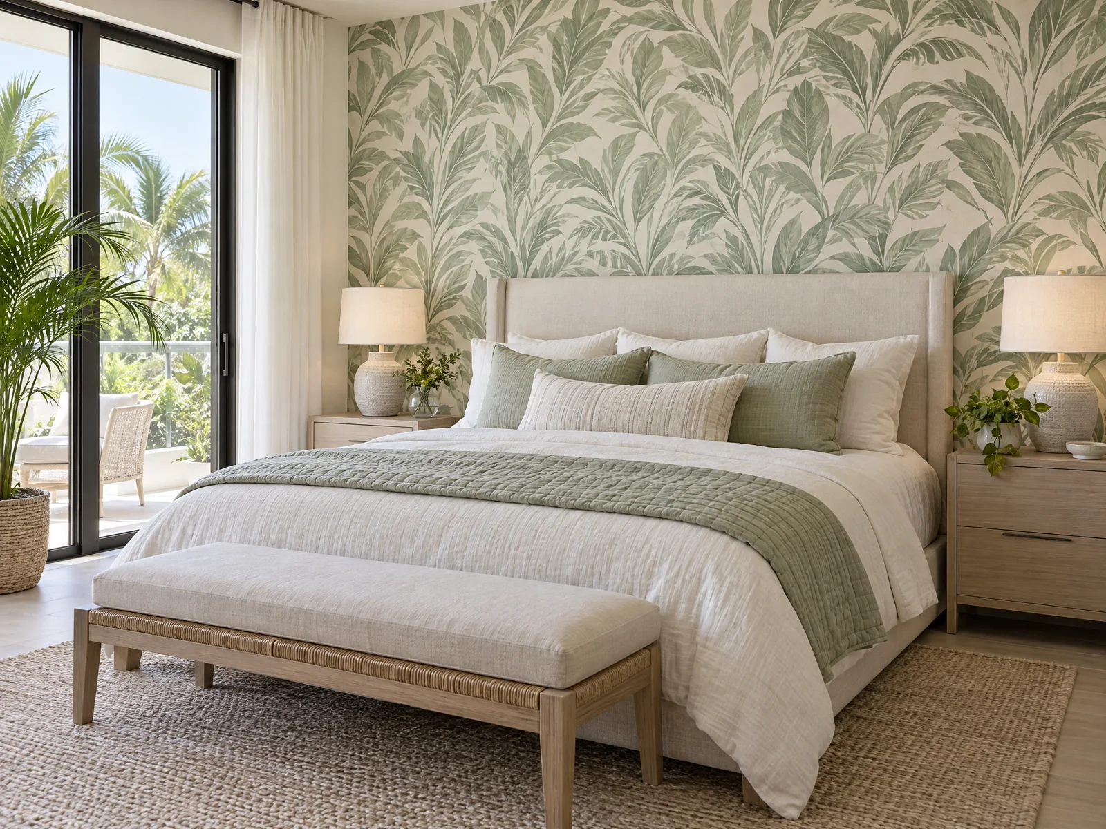 Bedroom with a quiet botanical wallpaper accent wall