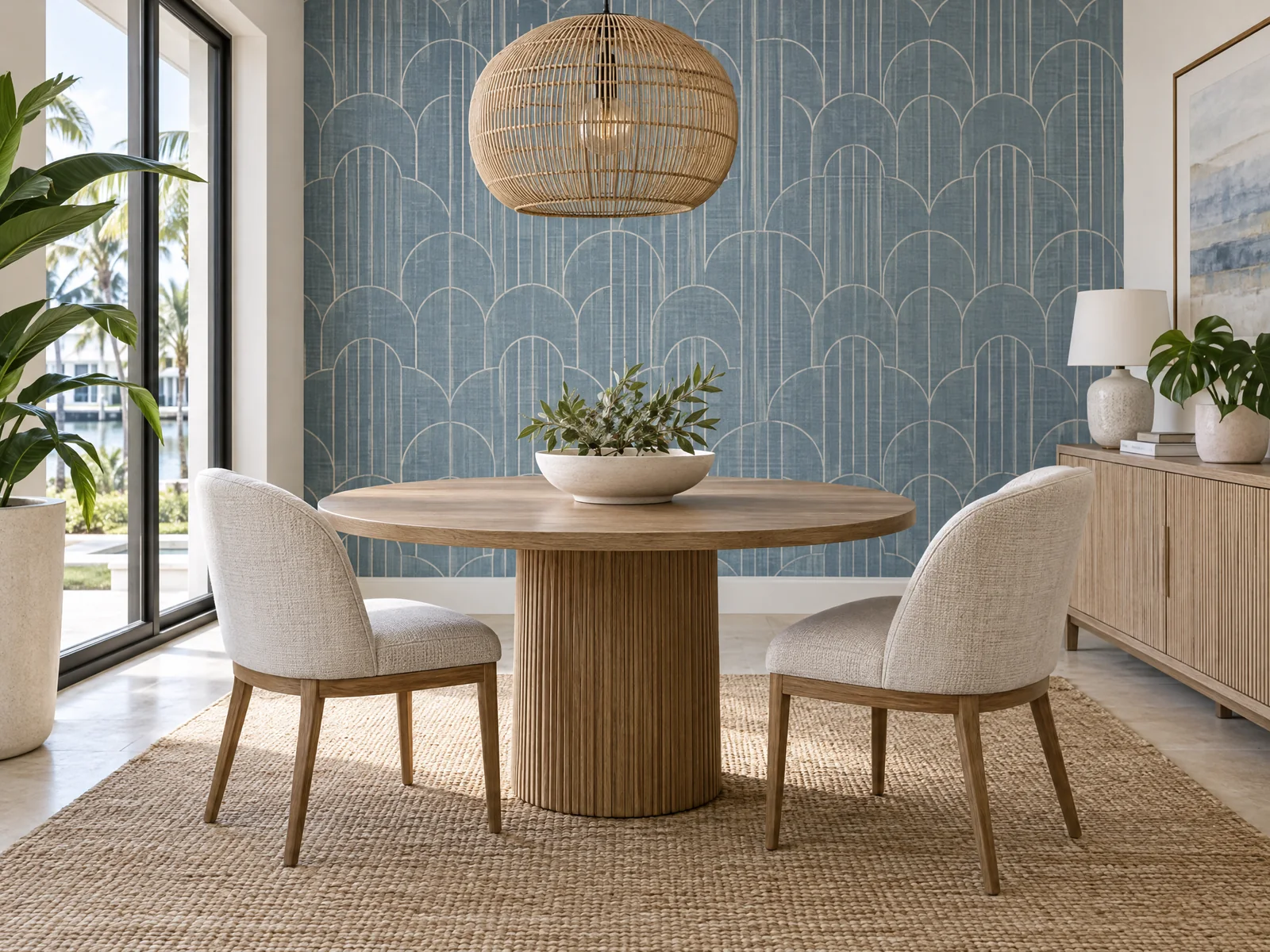 Dining nook with a geometric wallpaper feature wall and natural light