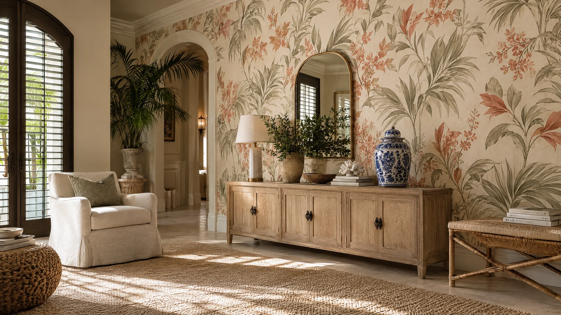 Bright sitting room with botanical wallpaper, a linen chair, and warm natural light